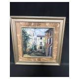 Framed & Signed Oil Painting of European Villa