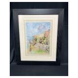 Framed & Matted Colored Print of Village Against Coastline