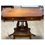Antique Lyre Clawfoot Wheeled Console Table w 2 Drawers