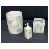 "Rainer" Waste Basket, Tissue Box Cover and Liquid Soap Dispenser - Light Blue/Green and Cream Check and Floral Pattern