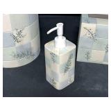 "Rainer" Waste Basket, Tissue Box Cover and Liquid Soap Dispenser - Light Blue/Green and Cream Check and Floral Pattern