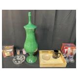 Green Tall Vase with Lid / Mugs / Candle Holders / Small Wooden Tray / Glass Platter