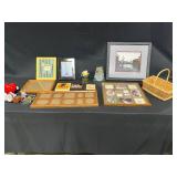 Lot of Picture Frames Inc Voice Recordable Frame, Framed Picture of Town by Canal, Basket, Swan Votive Holder, Dog Plaques, Sweet 16 Banner & More!
