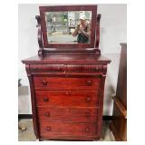 Antique Stained Wood 6 Drawer Dresser w/ Mirror