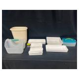 Lot of Organizing Tools Inc Trash Can, Shower Caddy, Caboodle (with crayon writing), Drawer Organizers & More!