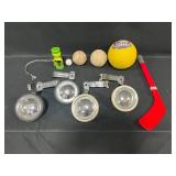 Lot of Sporting Equipment Inc Golf Tees, Balls, Plastic Hockey Stick and 2 Sets of Training Wheels