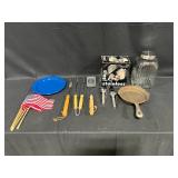 Camping Utensils, Stainless Steel Percolator in Orig Box, Frying Pan, 2 Plates, Decorative Mini Flags, Covered Glass Jar