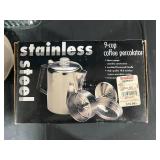 Camping Utensils, Stainless Steel Percolator in Orig Box, Frying Pan, 2 Plates, Decorative Mini Flags, Covered Glass Jar