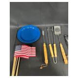 Camping Utensils, Stainless Steel Percolator in Orig Box, Frying Pan, 2 Plates, Decorative Mini Flags, Covered Glass Jar