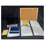 Corkboard, Various Size 3-Ring Binders, 3-hole Punch and Desktop Wire File Folder Organizer