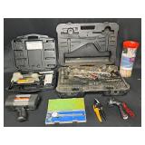 Porter Cable Nail Gun, Craftsman Tool Set Box w/ Various Hand Tools Inside, Zipties, Hose Attachment, Fiskars Trimmers, Mitutoyo Tool, Wagon Tech Dynamo Spotlight and More!!