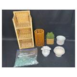 Nice Home Goods Lot inc. Wall Hanging Shelf, Faux Succulent, Hobnail Milk Glass Small Vase, Otagiri Basket w/ Handle and Duck, FTD Made in Japan Porcelain Cache Pot and More!!!