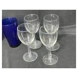 Set of 4 Wine Glasses, 2 Dark Blue Water Glasses, 1 Holiday Themed Wine Glass and 1 1999 Food and Wine Experience Wine Glass