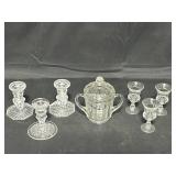 Pair of Crystal Candle Holders, 1 4.5" Candle Holder, 3 Cordials, VTG Glass Sugar Dish w/ Lid 7"