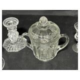Pair of Crystal Candle Holders, 1 4.5" Candle Holder, 3 Cordials, VTG Glass Sugar Dish w/ Lid 7"
