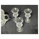 Pair of Crystal Candle Holders, 1 4.5" Candle Holder, 3 Cordials, VTG Glass Sugar Dish w/ Lid 7"