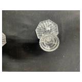 Pair of Crystal Candle Holders, 1 4.5" Candle Holder, 3 Cordials, VTG Glass Sugar Dish w/ Lid 7"