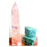 Solid Marble Obelisk & Carved Green Stone Aztec Figurine