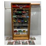 Oak Sliding Acrylic Front Light Up CARS Display Case With Misc. Die-Cast Cars 16" L x 33"H x 5 3/4" W