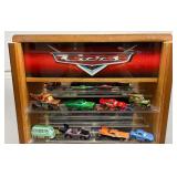 Oak Sliding Acrylic Front Light Up CARS Display Case With Misc. Die-Cast Cars 16" L x 33"H x 5 3/4" W