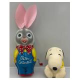 Vintage Mateel Petter Cotton Tail Tin Litho Crank Misic Box (Works) & SNOOPY Squeeze Toy