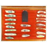 Display Case FULL of 19 NEW Frost Cutlery etc. Bone Handled etc. Pocket Knives