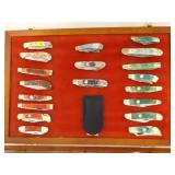 Display Case FULL of 19 NEW Frost Cutlery etc. Bone Handled etc. Pocket Knives