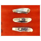 Display Case FULL of 19 NEW Frost Cutlery etc. Bone Handled etc. Pocket Knives