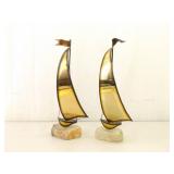 2 Mid Century Signed John Demott Brass on Marble Sailboat Sculptures