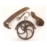 Lot of Antique Iron Pulleys, Scythe, etc.