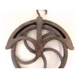 Lot of Antique Iron Pulleys, Scythe, etc.