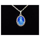 .925 Sterling Silver Heart Of Mother Mary Enamel Pendant Necklace