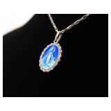 .925 Sterling Silver Heart Of Mother Mary Enamel Pendant Necklace