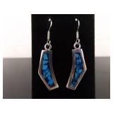 .925 Sterling Silver Enamel Blue Chip Artisan Hook Earrings