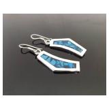 .925 Sterling Silver Enamel Blue Chip Artisan Hook Earrings