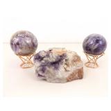 Raw Amethyst Quartz Stone and 2 Polished Amethyst Balls on Stands