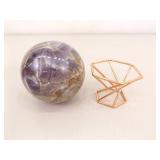 Raw Amethyst Quartz Stone and 2 Polished Amethyst Balls on Stands
