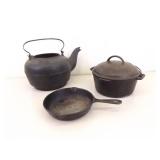 Lot of Antique Cast Iron Dutch Oven, Water Kettle, and Frying Pan