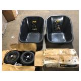 Lot of  Gorilla 8 cu. ft. Dual-Wheel Wheelbarrow, Pro-Grade Poly Bucket, Steel Handles, Dual 16 in. Pneumatic Wheels, Easy-Dump Design Missing Pieces Customer Returns See Pictures