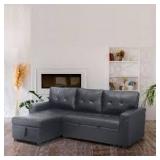 78 in. W. Dark Gray, Reversible Faux Leather Sleeper Sectional Sofa Storage Chaise Pull Out Convertible Sofa Dark Gray  Customer Returns See Pictures