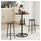 VECELO 3-Piece Bar Table Set with Wine Rack, Round Bistro Table with 2 Stools for Breakfast Nook, Kitchen Black DiningTable Set  Customer Returns See Pictures