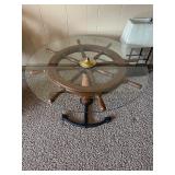 Nautical-Themed Ship Wheel Glass Top Coffee Table
