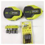 Lot Of Twelve Ryobi Items New Impact Drive Bit Set AR2039 Magnetic Nut Drivers And More