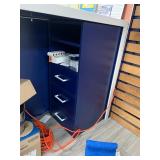 Corian Desk, Front counter, filing cabinet built in, 3 orange chairs, one barstool