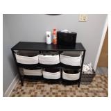 Metal storage shelf, (6) fabric storage bins (contents not included) Round wall mirror, Trash basket