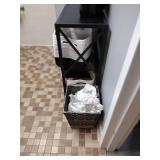 Metal storage shelf, (6) fabric storage bins (contents not included) Round wall mirror, Trash basket