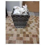 Metal storage shelf, (6) fabric storage bins (contents not included) Round wall mirror, Trash basket