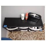 Metal storage shelf, (6) fabric storage bins (contents not included) Round wall mirror, Trash basket