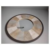 Metal storage shelf, (6) fabric storage bins (contents not included) Round wall mirror, Trash basket