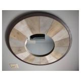 Metal storage shelf, (6) fabric storage bins (contents not included) Round wall mirror, Trash basket
